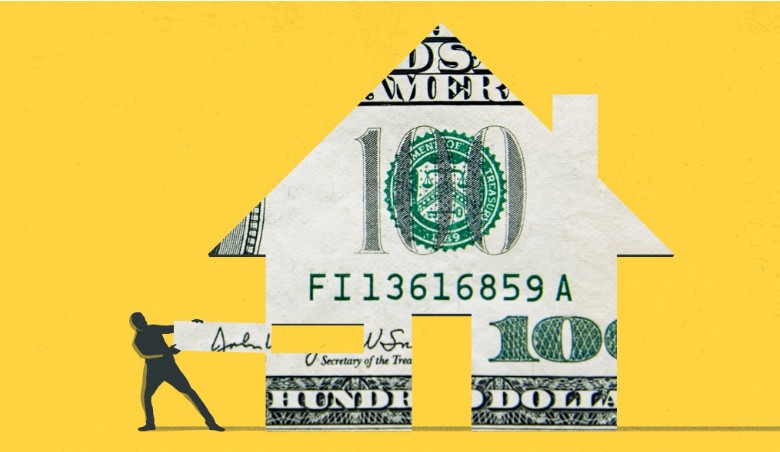 Depiction of a one-hundred dollar bill cut in the shape of a home with a person pulling out a small section of it - depicting an illustration of a reverse mortgage.